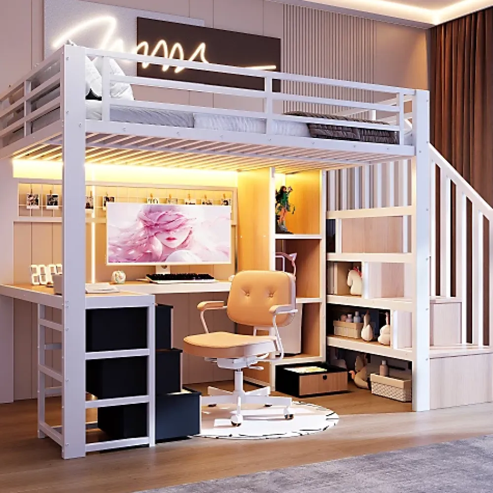 ModernLuxe Lit mezzanine 90x200 cm en fer - Compartiments de rangement - 4 tiroirs - LED - Bureau et escalier - Blanc (sans matelas)* Lit Mezzanine