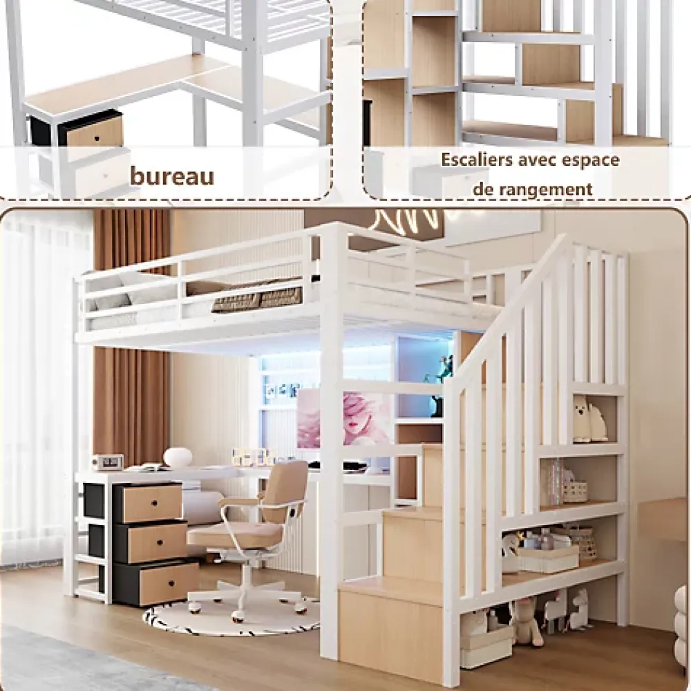 ModernLuxe Lit mezzanine 90x200 cm en fer - Compartiments de rangement - 4 tiroirs - LED - Bureau et escalier - Blanc (sans matelas)* Lit Mezzanine