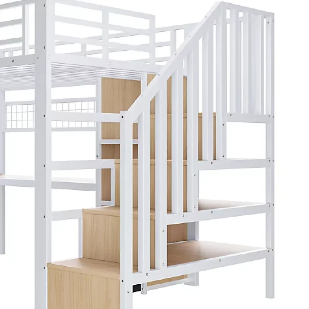 ModernLuxe Lit mezzanine 90x200 cm en fer - Compartiments de rangement - 4 tiroirs - LED - Bureau et escalier - Blanc (sans matelas)* Lit Mezzanine