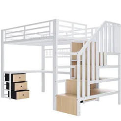 ModernLuxe Lit mezzanine 90x200 cm en fer - Compartiments de rangement - 4 tiroirs - LED - Bureau et escalier - Blanc (sans matelas)* Lit Mezzanine