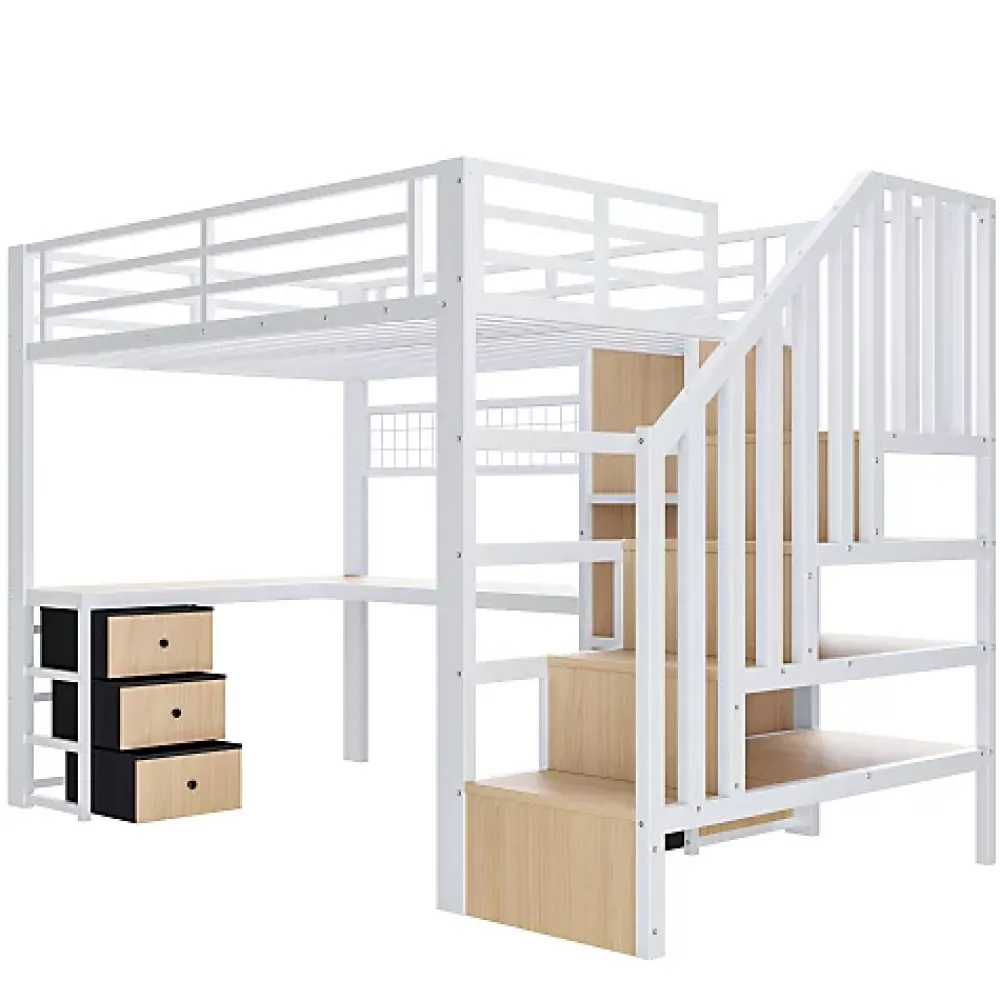 ModernLuxe Lit mezzanine 90x200 cm en fer - Compartiments de rangement - 4 tiroirs - LED - Bureau et escalier - Blanc (sans matelas)* Lit Mezzanine