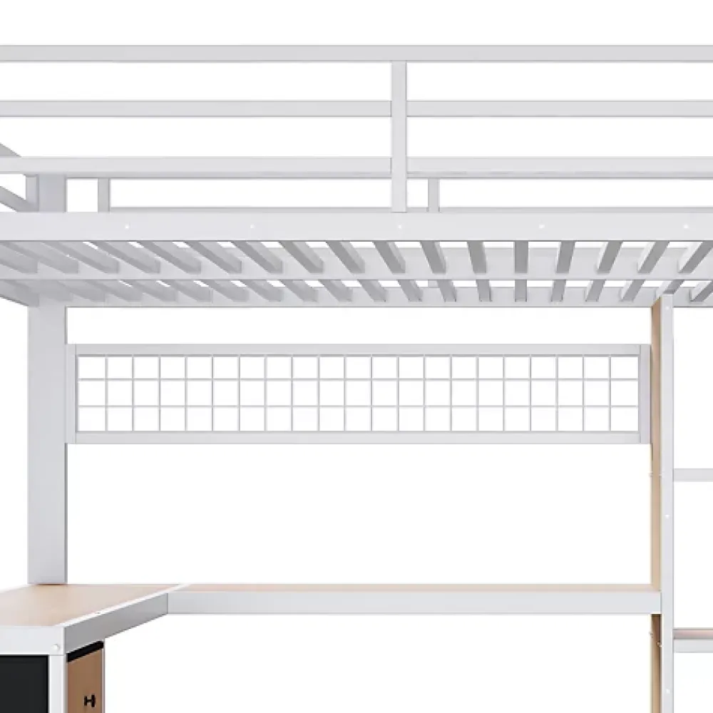 ModernLuxe Lit mezzanine 90x200 cm en fer - Compartiments de rangement - 4 tiroirs - LED - Bureau et escalier - Blanc (sans matelas)* Lit Mezzanine