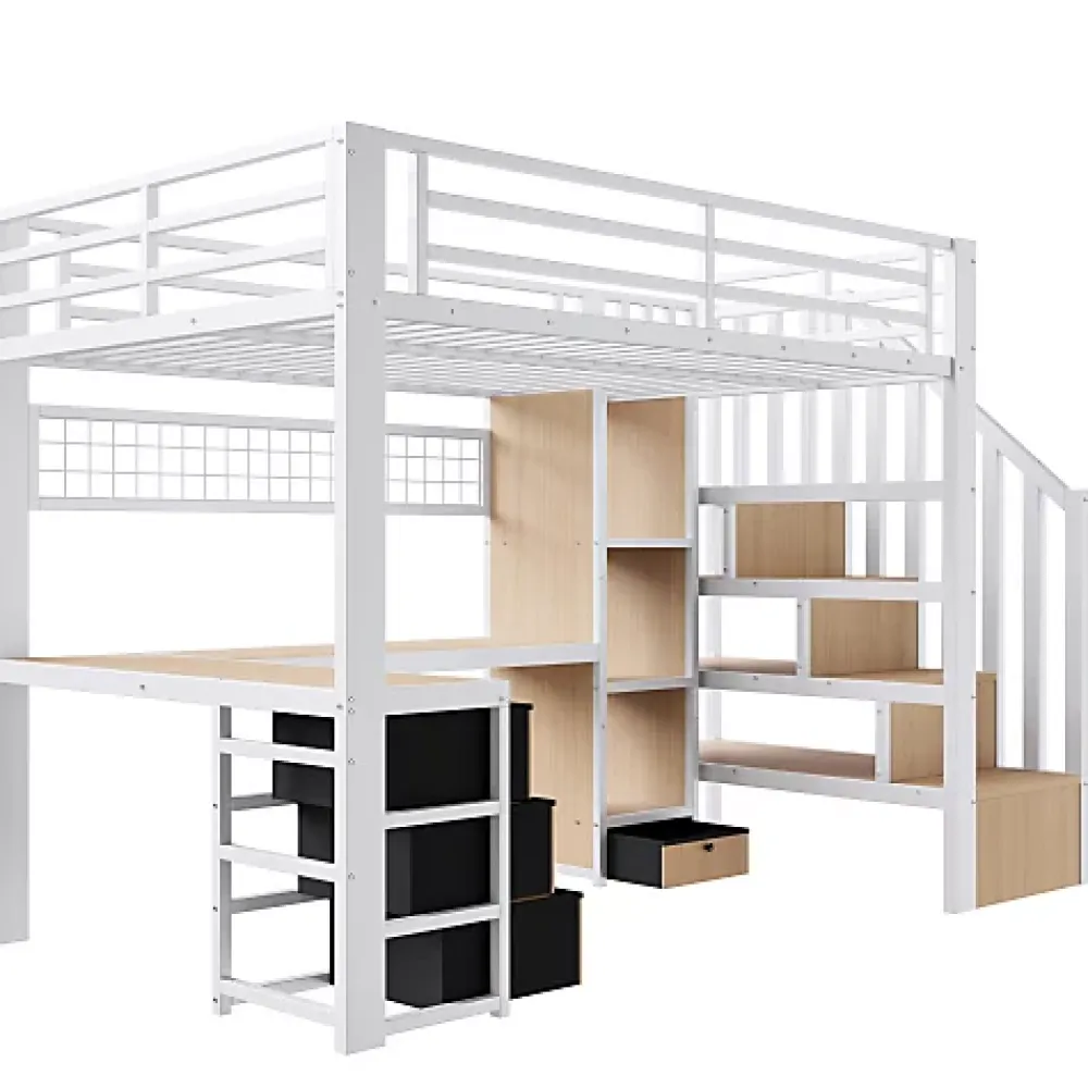 ModernLuxe Lit mezzanine 90x200 cm en fer - Compartiments de rangement - 4 tiroirs - LED - Bureau et escalier - Blanc (sans matelas)* Lit Mezzanine