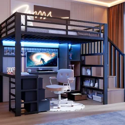 Lit mezzanine 90x200 cm en fer - Compartiments de rangement - 4 tiroirs - LED - Bureau et escalier - Noir (sans matelas)>ModernLuxe Online