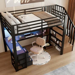 Lit mezzanine 90x200 cm en fer - Compartiments de rangement - 4 tiroirs - LED - Bureau et escalier - Noir (sans matelas)>ModernLuxe Online