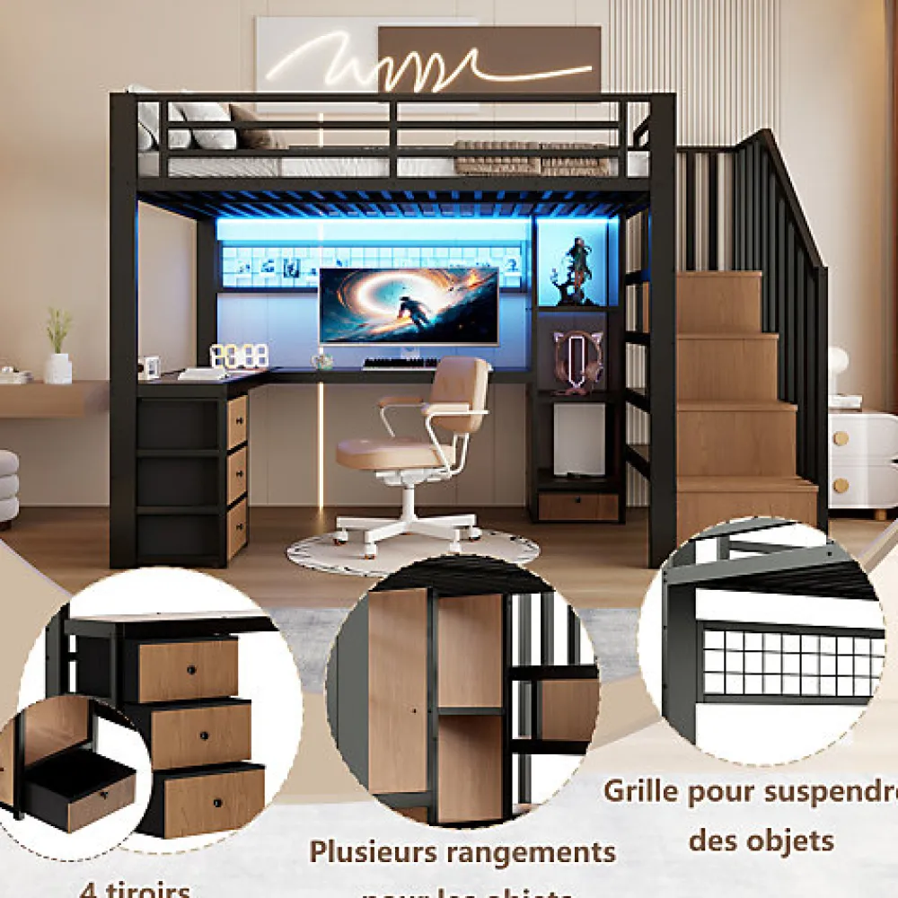Lit mezzanine 90x200 cm en fer - Compartiments de rangement - 4 tiroirs - LED - Bureau et escalier - Noir (sans matelas)>ModernLuxe Online