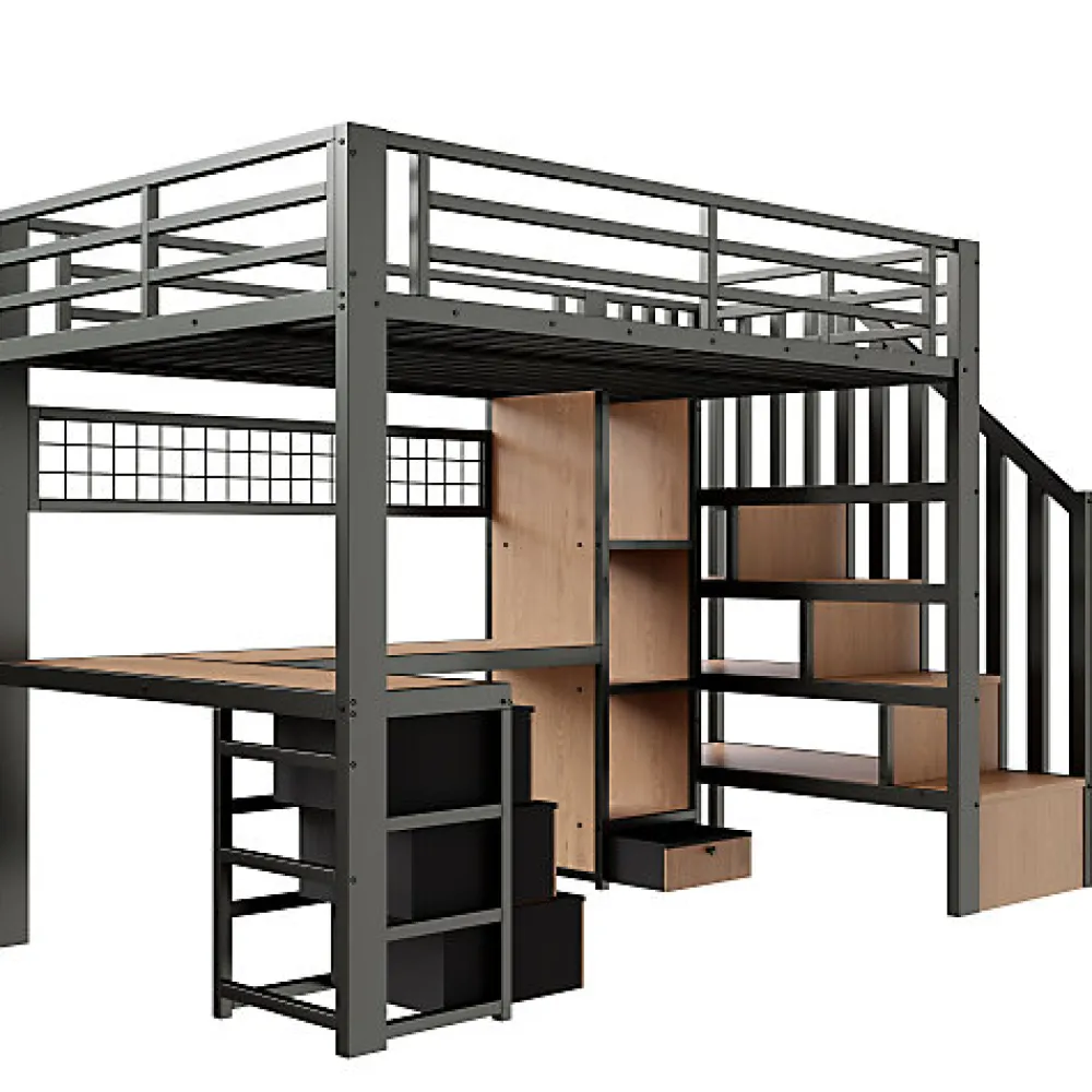 Lit mezzanine 90x200 cm en fer - Compartiments de rangement - 4 tiroirs - LED - Bureau et escalier - Noir (sans matelas)>ModernLuxe Online