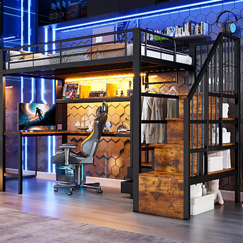 Lit mezzanine 90x200 cm en fer - 2 tiroirs - Tringle à vêtements - Éclairage LED - Bureau - Noir (matelas non inclus)>ModernLuxe Outlet