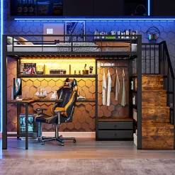 Lit mezzanine 90x200 cm en fer - 2 tiroirs - Tringle à vêtements - Éclairage LED - Bureau - Noir (matelas non inclus)>ModernLuxe Outlet