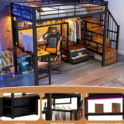 Lit mezzanine 90x200 cm en fer - 2 tiroirs - Tringle à vêtements - Éclairage LED - Bureau - Noir (matelas non inclus)><noscript><img width=