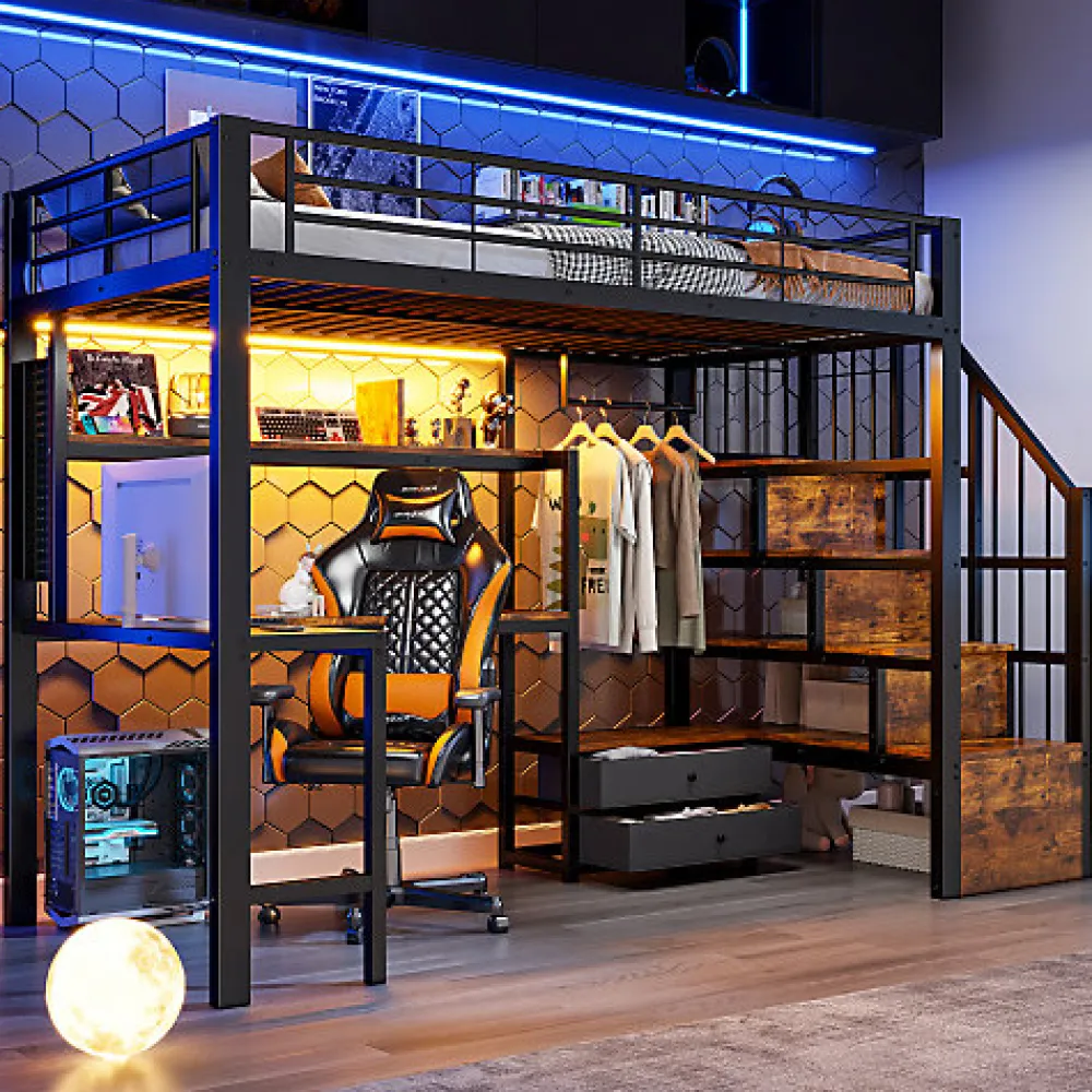 Lit mezzanine 90x200 cm en fer - 2 tiroirs - Tringle à vêtements - Éclairage LED - Bureau - Noir (matelas non inclus)>ModernLuxe Outlet