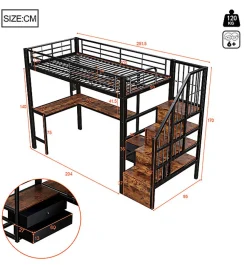 Lit mezzanine 90x200 cm en fer - 2 tiroirs - Tringle à vêtements - Éclairage LED - Bureau - Noir (matelas non inclus)><noscript><img width=