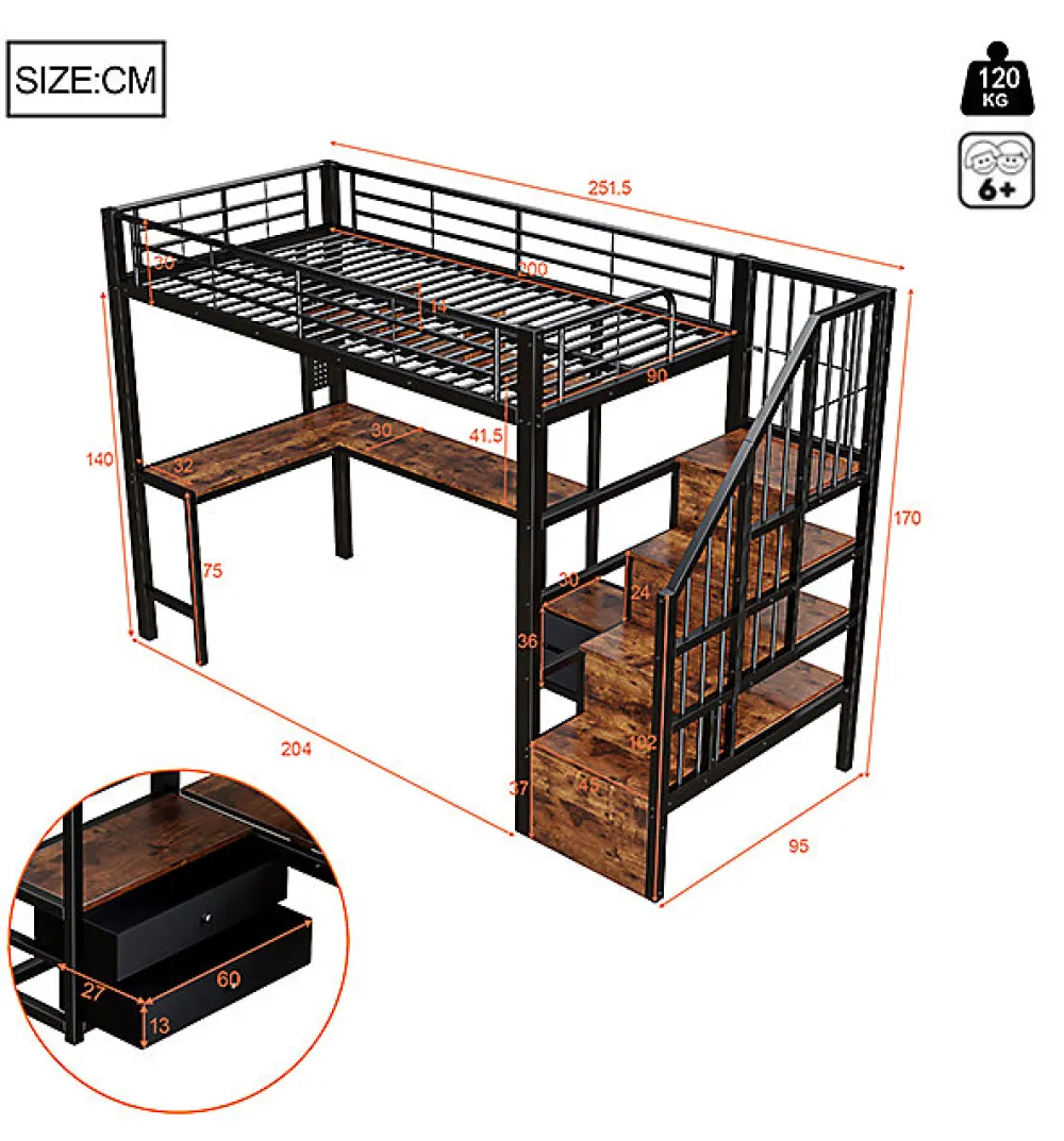Lit mezzanine 90x200 cm en fer - 2 tiroirs - Tringle à vêtements - Éclairage LED - Bureau - Noir (matelas non inclus)>ModernLuxe Outlet