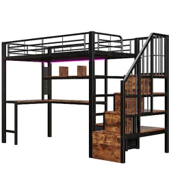 Lit mezzanine 90x200 cm en fer - 2 tiroirs - Tringle à vêtements - Éclairage LED - Bureau - Noir (matelas non inclus)><noscript><img width=