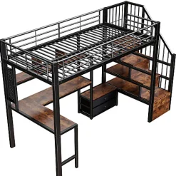 Lit mezzanine 90x200 cm en fer - 2 tiroirs - Tringle à vêtements - Éclairage LED - Bureau - Noir (matelas non inclus)><noscript><img width=