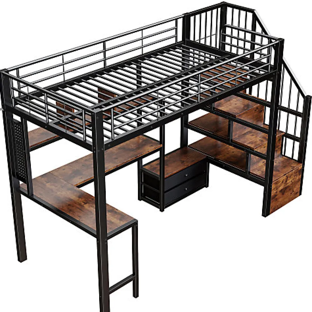 Lit mezzanine 90x200 cm en fer - 2 tiroirs - Tringle à vêtements - Éclairage LED - Bureau - Noir (matelas non inclus)>ModernLuxe Outlet