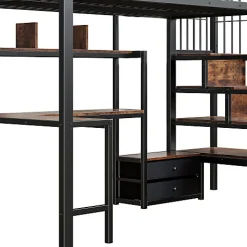 Lit mezzanine 90x200 cm en fer - 2 tiroirs - Tringle à vêtements - Éclairage LED - Bureau - Noir (matelas non inclus)><noscript><img width=