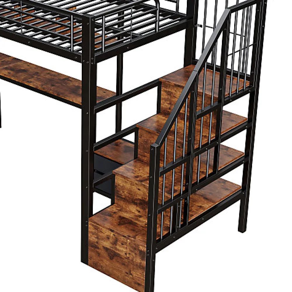 Lit mezzanine 90x200 cm en fer - 2 tiroirs - Tringle à vêtements - Éclairage LED - Bureau - Noir (matelas non inclus)>ModernLuxe Outlet