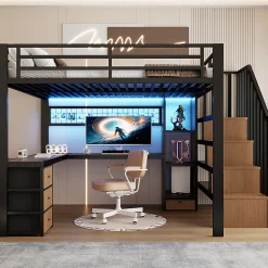 Lit mezzanine 140x200 cm en fer - Compartiments de rangement - 4 tiroirs - LED - Bureau et escalier - Noir (sans matelas)>ModernLuxe Hot