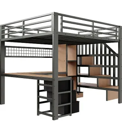 Lit mezzanine 140x200 cm en fer - Compartiments de rangement - 4 tiroirs - LED - Bureau et escalier - Noir (sans matelas)><noscript><img width=