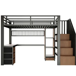Lit mezzanine 140x200 cm en fer - Compartiments de rangement - 4 tiroirs - LED - Bureau et escalier - Noir (sans matelas)><noscript><img width=