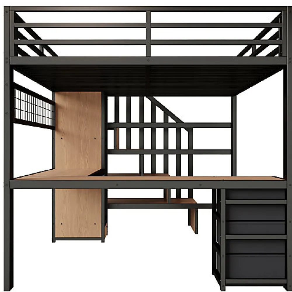Lit mezzanine 140x200 cm en fer - Compartiments de rangement - 4 tiroirs - LED - Bureau et escalier - Noir (sans matelas)>ModernLuxe Hot