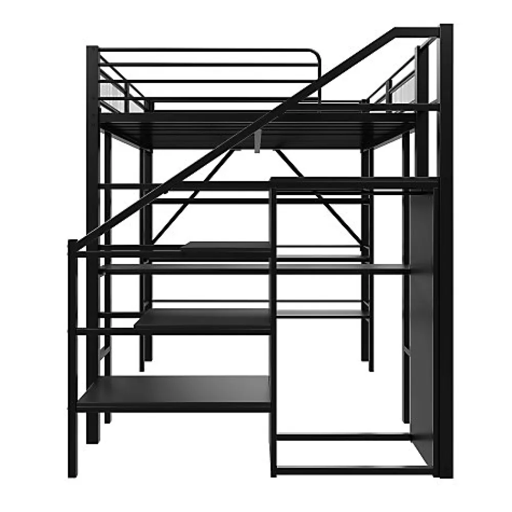 Lit mezzanine 140x200 cm en métal noir avec bureau armoire étagères et escalier de rangement sécurisé>Aapaas Best