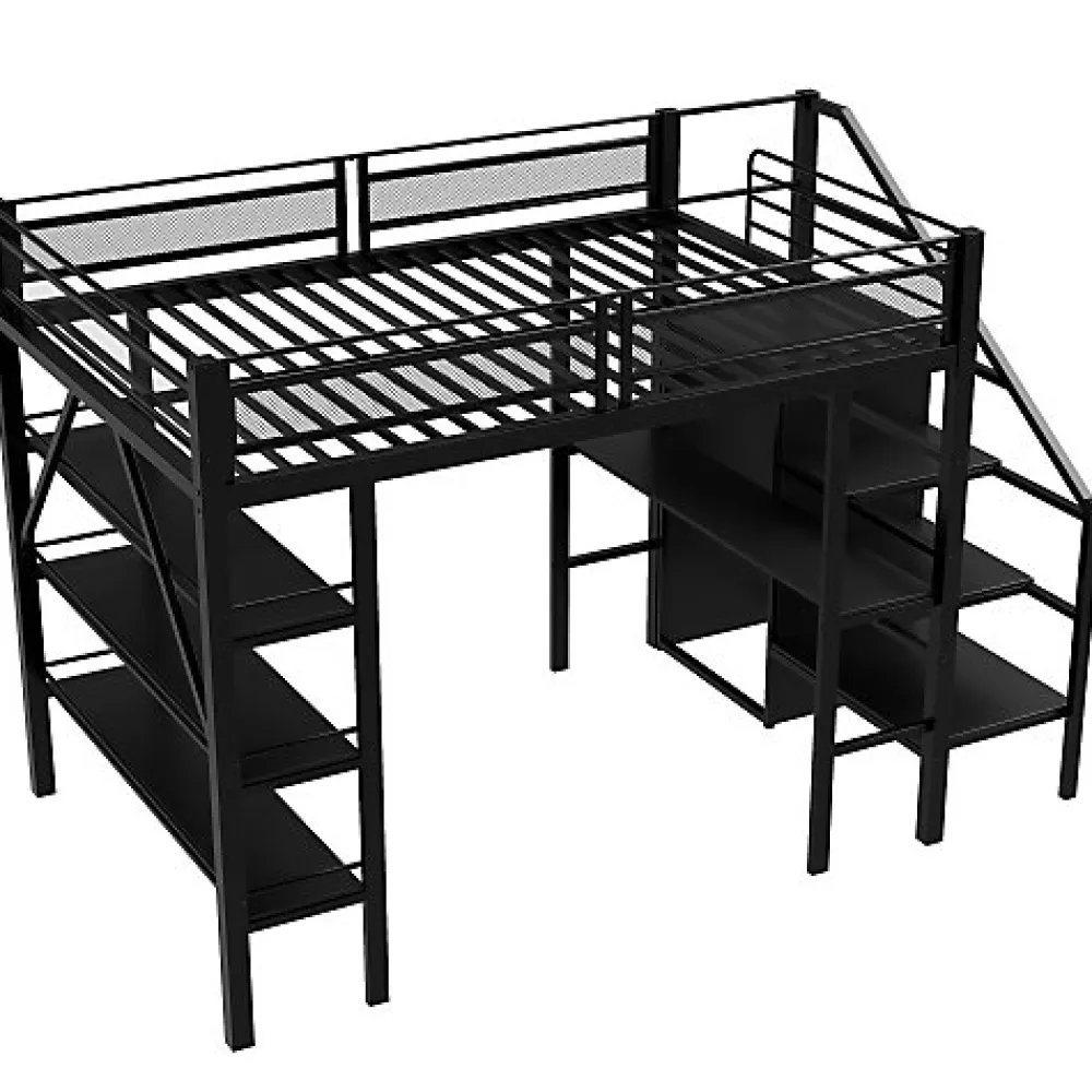 Lit mezzanine 140x200 cm en métal noir avec bureau armoire étagères et escalier de rangement sécurisé>Aapaas Best