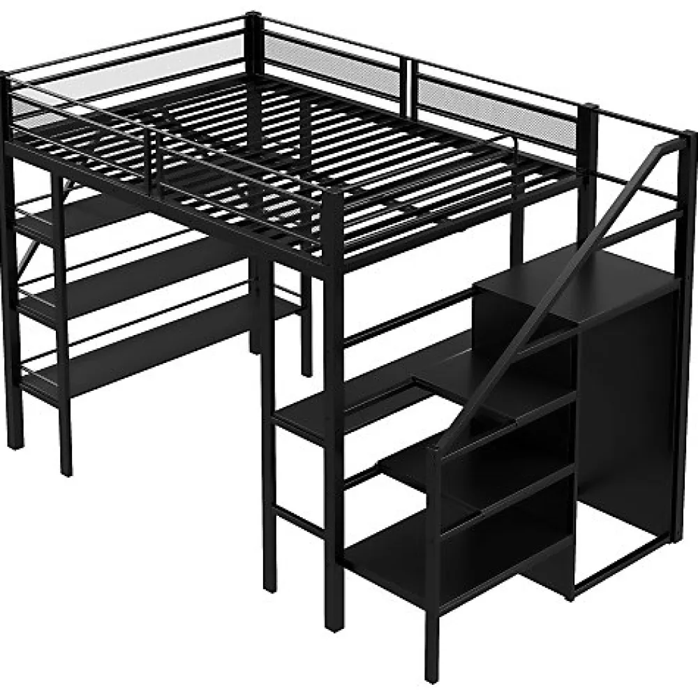 Lit mezzanine 140x200 cm en métal noir avec bureau armoire étagères et escalier de rangement sécurisé>Aapaas Best
