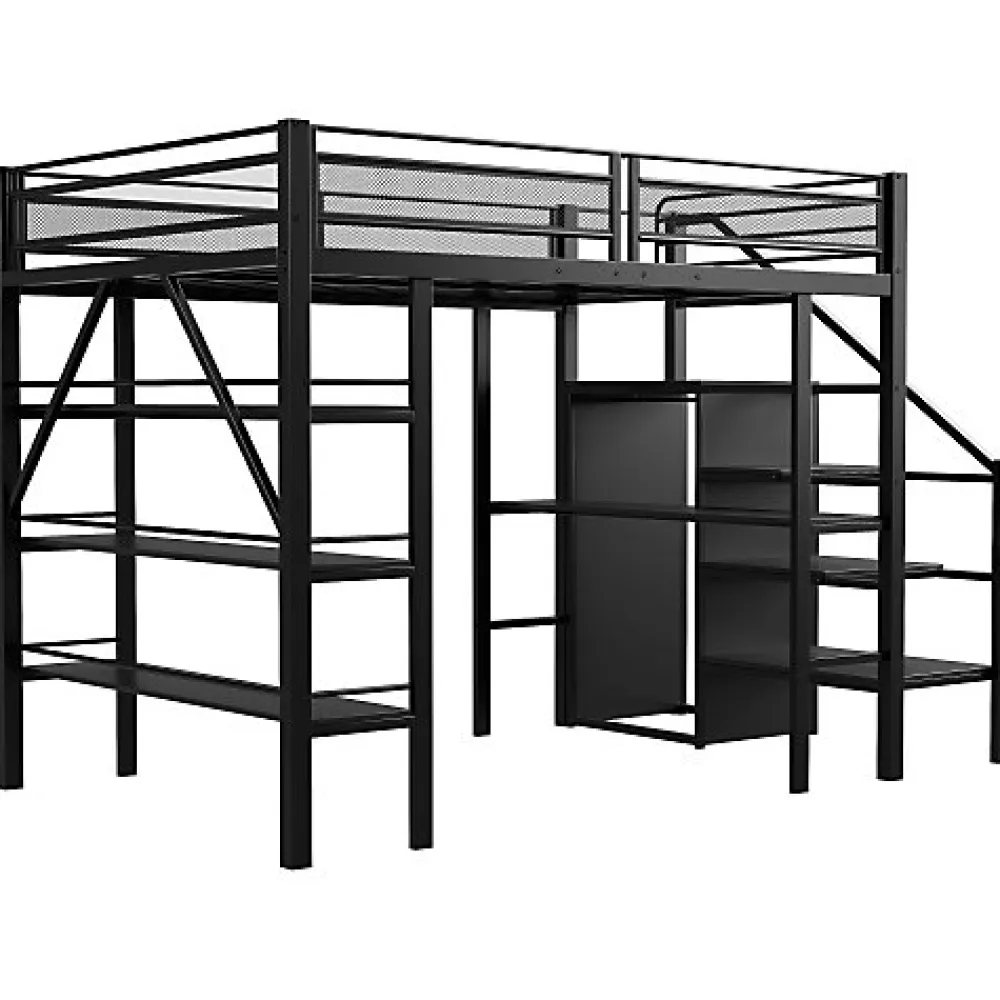 Lit mezzanine 140x200 cm en métal noir avec bureau armoire étagères et escalier de rangement sécurisé>Aapaas Best