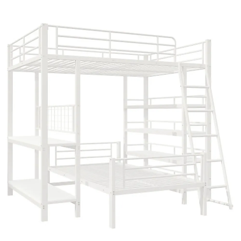 Lit mezzanine 140x200 cm en métal blanc avec étagères de rangement intégrées et structure multifonctionnelle>Aapaas New