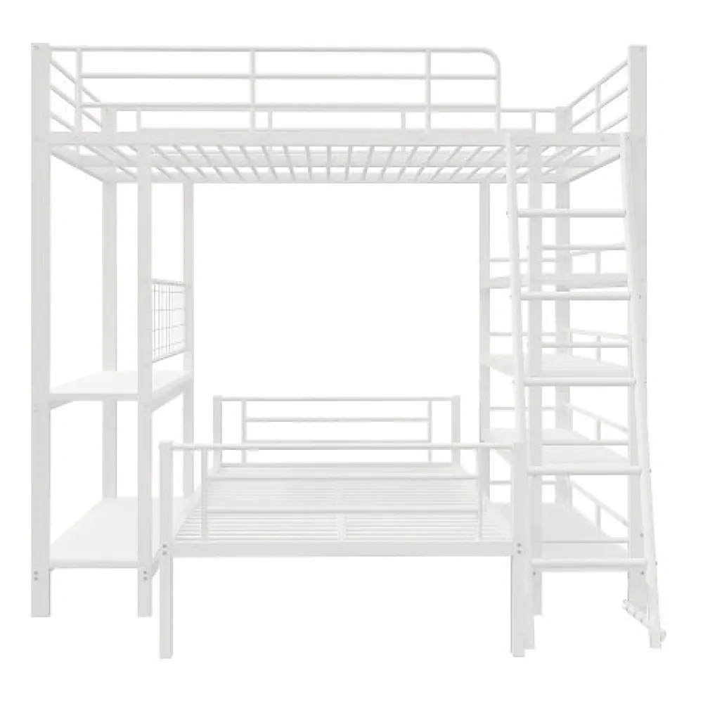 Lit mezzanine 140x200 cm en métal blanc avec étagères de rangement intégrées et structure multifonctionnelle>Aapaas New