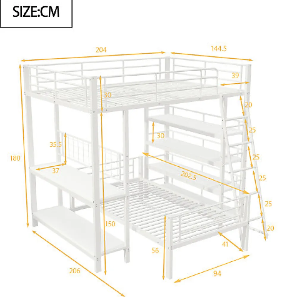 Lit mezzanine 140x200 cm en métal blanc avec étagères de rangement intégrées et structure multifonctionnelle>Aapaas New