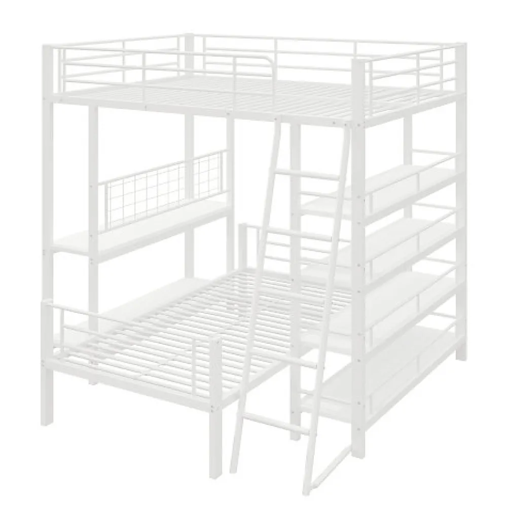 Lit mezzanine 140x200 cm en métal blanc avec étagères de rangement intégrées et structure multifonctionnelle>Aapaas New