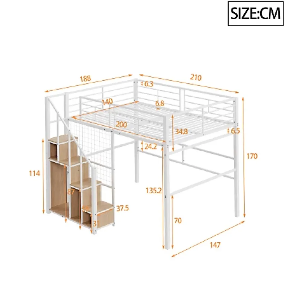 Aapaas Lit mezzanine 140x200 cm en métal blanc avec échelle de sécurité et étagère pour enfant ou adolescent*Enfant Lit Enfant