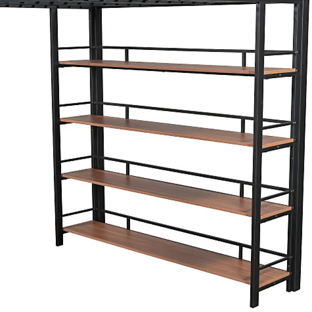 Lit mezzanine 140x200 cm en métal noir avec échelle sécurisée rangement étagères et penderie pour adolescent>Aapaas New