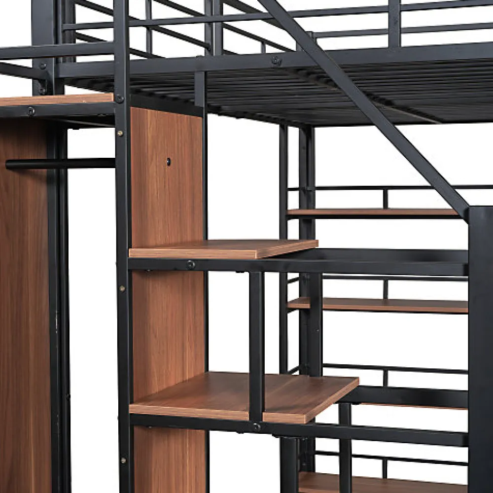 Lit mezzanine 140x200 cm en métal noir avec échelle sécurisée rangement étagères et penderie pour adolescent>Aapaas New