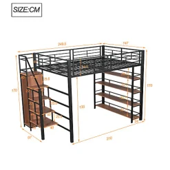 Lit mezzanine 140x200 cm en métal noir avec échelle sécurisée rangement étagères et penderie pour adolescent><noscript><img width=