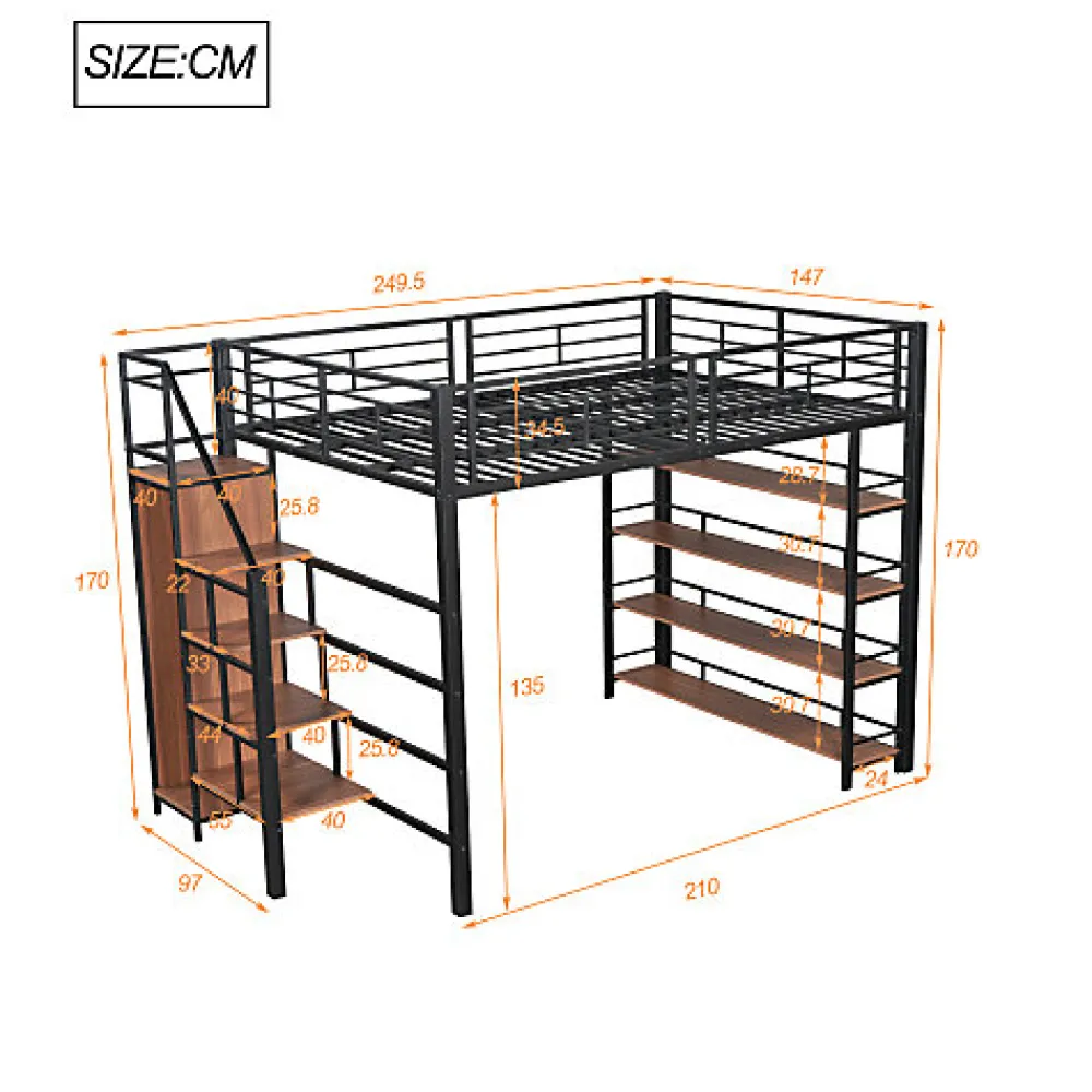 Lit mezzanine 140x200 cm en métal noir avec échelle sécurisée rangement étagères et penderie pour adolescent>Aapaas New