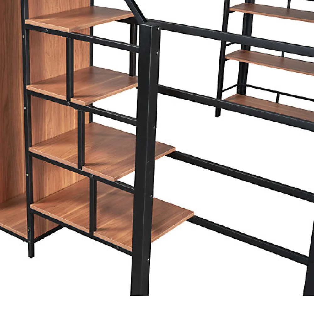 Lit mezzanine 140x200 cm en métal noir avec échelle sécurisée rangement étagères et penderie pour adolescent>Aapaas New
