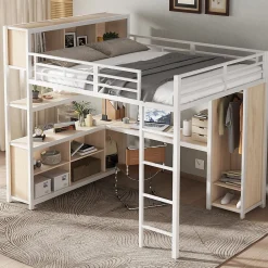 Lit Mezzanine 140x200 cm en Métal - Lit Double avec Bureau, Penderie et Rangements - Sans Matelas - Blanc>Okwish Clearance