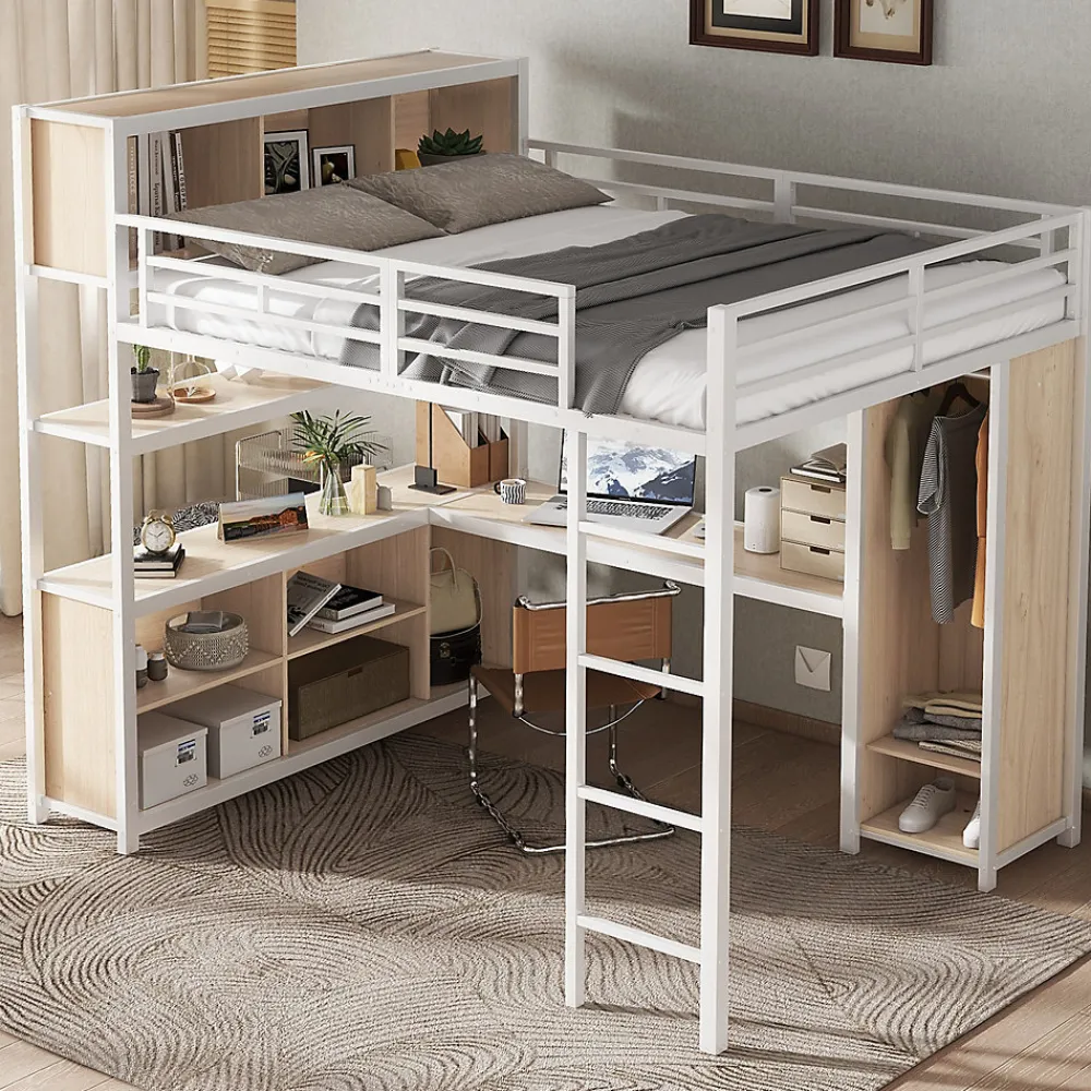 Lit Mezzanine 140x200 cm en Métal - Lit Double avec Bureau, Penderie et Rangements - Sans Matelas - Blanc>Okwish Clearance