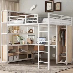 Lit Mezzanine 140x200 cm en Métal - Lit Double avec Bureau, Penderie et Rangements - Sans Matelas - Blanc>Okwish Clearance