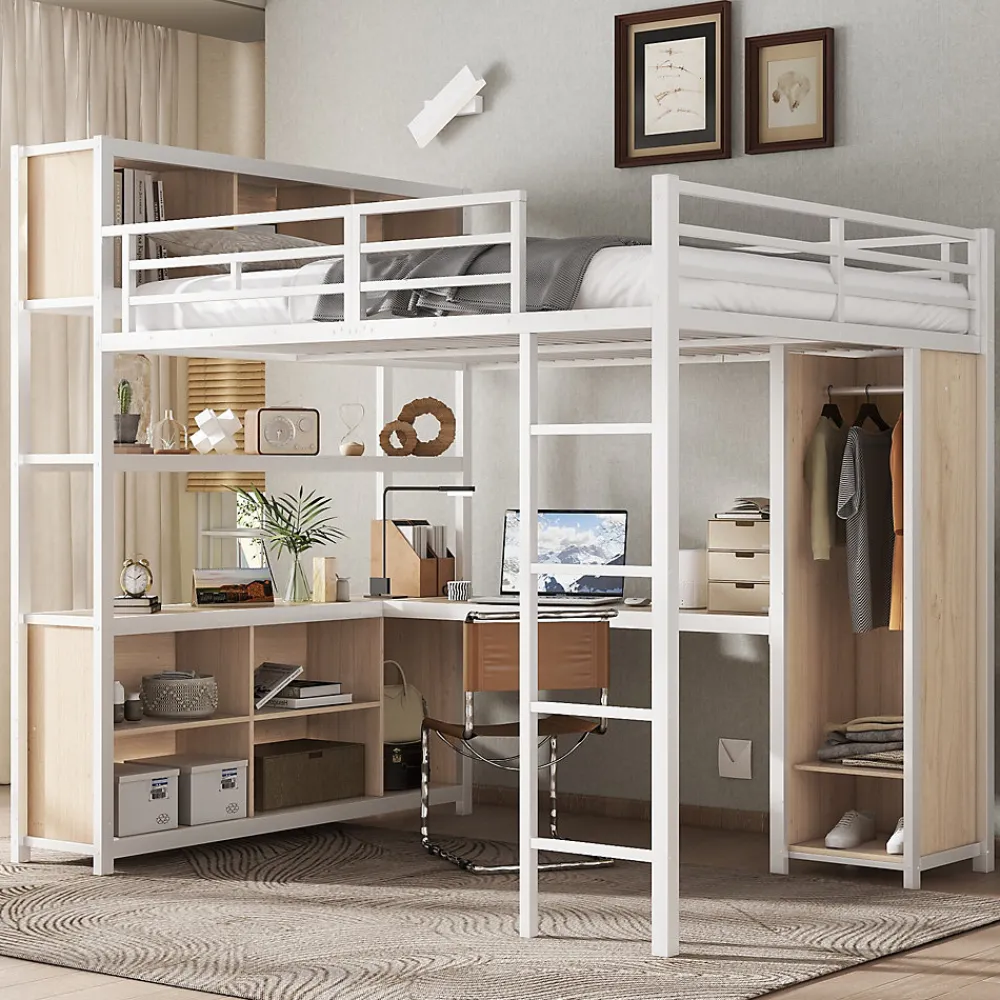 Lit Mezzanine 140x200 cm en Métal - Lit Double avec Bureau, Penderie et Rangements - Sans Matelas - Blanc>Okwish Clearance
