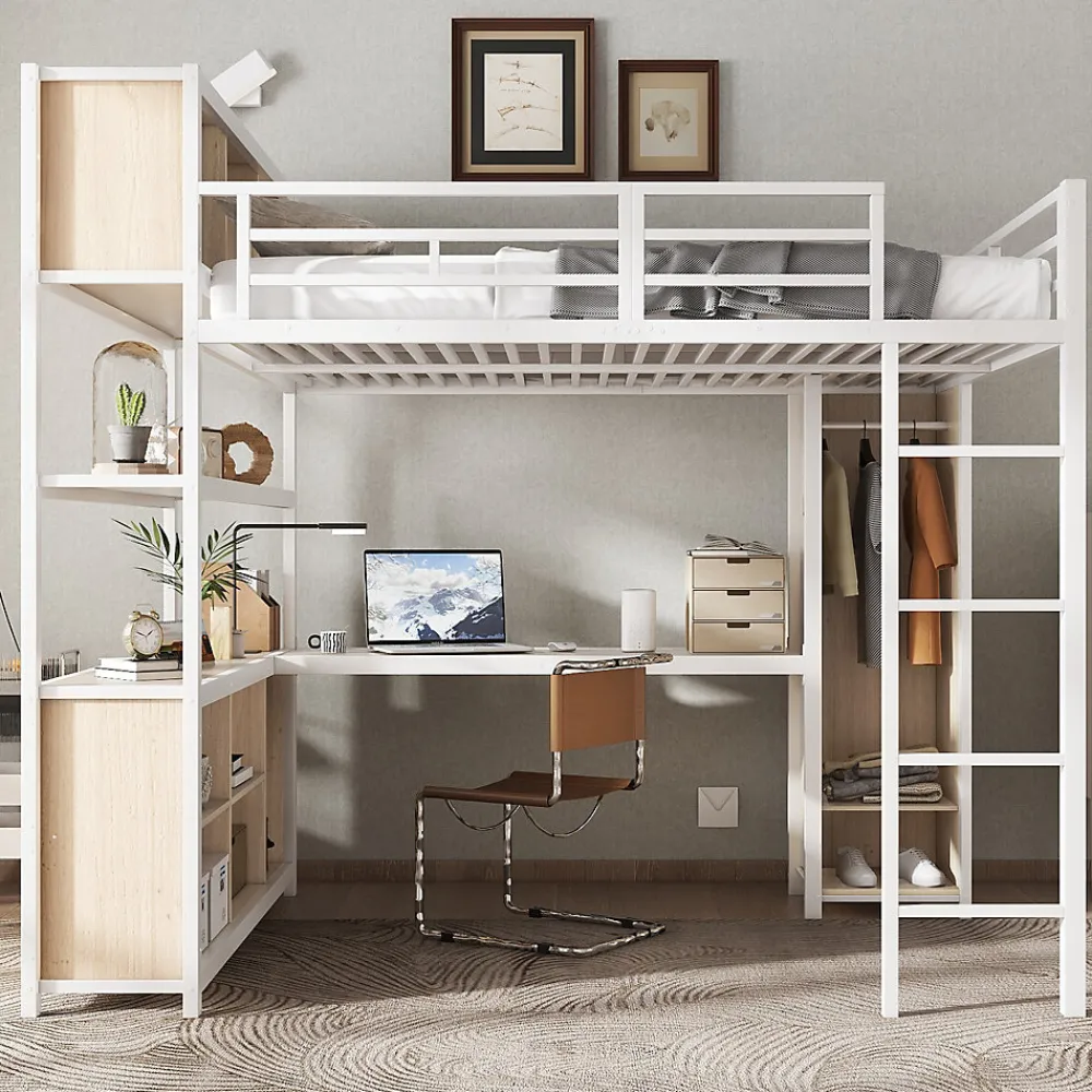 Lit Mezzanine 140x200 cm en Métal - Lit Double avec Bureau, Penderie et Rangements - Sans Matelas - Blanc>Okwish Clearance