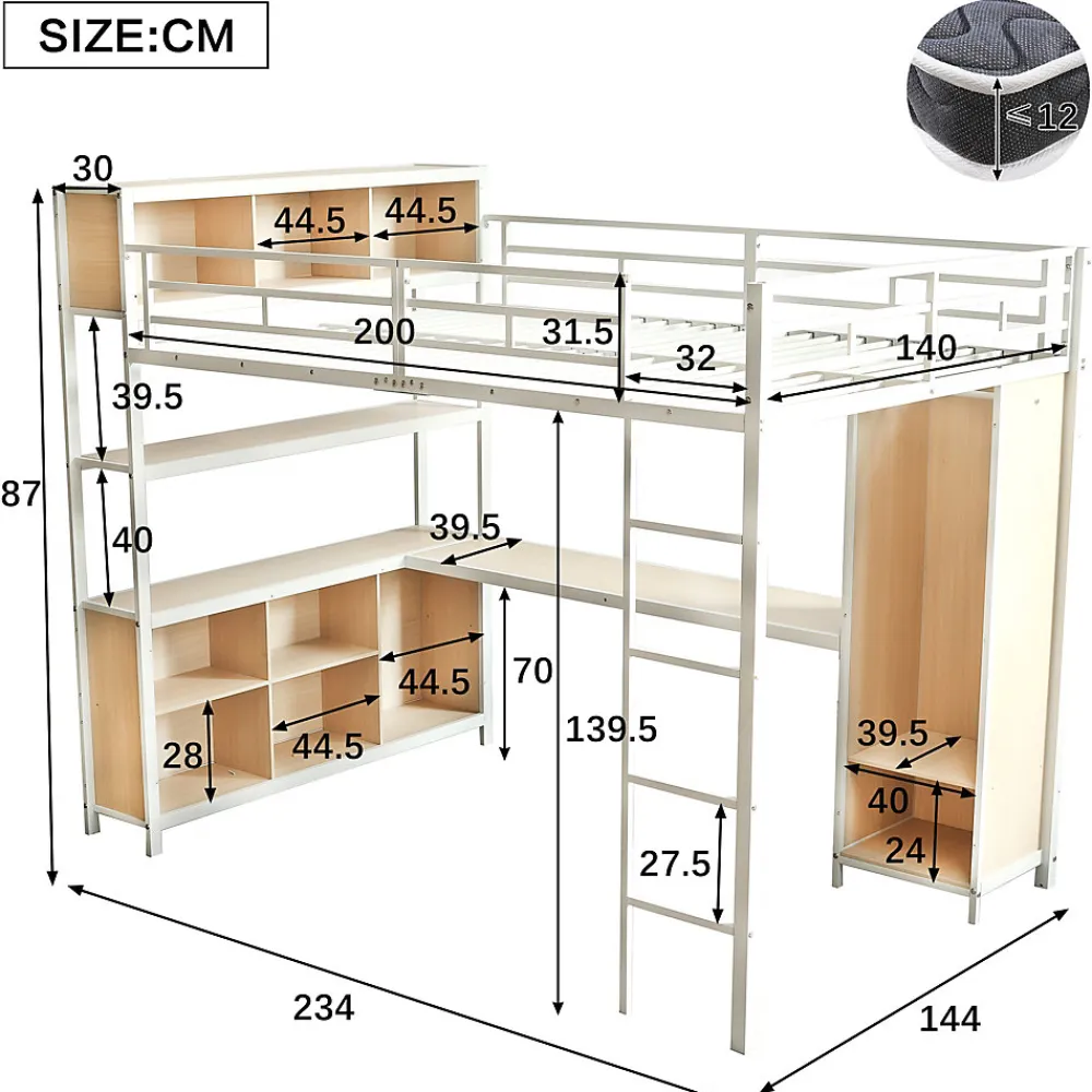 Lit Mezzanine 140x200 cm en Métal - Lit Double avec Bureau, Penderie et Rangements - Sans Matelas - Blanc>Okwish Clearance