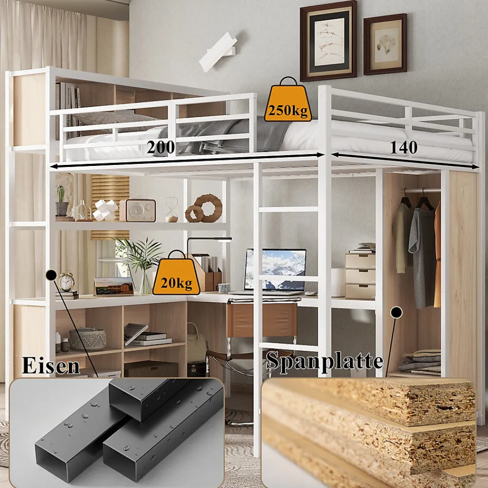 Lit Mezzanine 140x200 cm en Métal - Lit Double avec Bureau, Penderie et Rangements - Sans Matelas - Blanc>Okwish Clearance