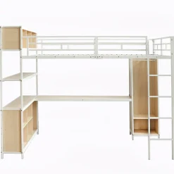 Lit Mezzanine 140x200 cm en Métal - Lit Double avec Bureau, Penderie et Rangements - Sans Matelas - Blanc><noscript><img width=