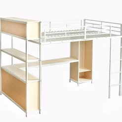 Lit Mezzanine 140x200 cm en Métal - Lit Double avec Bureau, Penderie et Rangements - Sans Matelas - Blanc><noscript><img width=