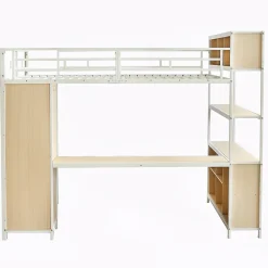 Lit Mezzanine 140x200 cm en Métal - Lit Double avec Bureau, Penderie et Rangements - Sans Matelas - Blanc><noscript><img width=